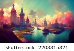 Magical unusual fairy-tale palaces on the background of beautiful multicolored clouds. 3d rendering
