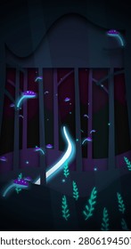 A magical vector illustration of an enchanted forest at night featuring glowing neon mushrooms and a luminous path winding through dark trees