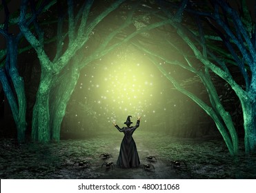 Magical Witch Casting A Magic Spell In A Scary Dark Mystery Forest As A Wicked Sorcerer Creating A Glittering Green Glow As A Halloween Background With Text Space With 3D Illustration Elements.