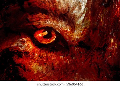 magical wolfs eye, computer graphic collage closeup view.
