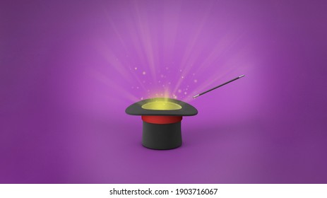 Magician Hat. Light Rays From A Black Top Hat With A Red Ribbon And A Magic Wand. Purple Background. 3d Render