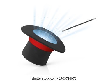 Magician Hat. Light Rays From A Black Top Hat With A Red Ribbon And A Magic Wand. Isolated On White Background. 3d Render