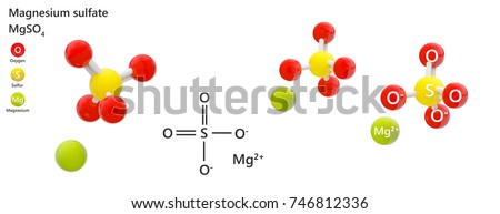 Magnesium sulfate, formula MgSO4 or MgO4S. It is often encountered as the sulfate mineral epsomite, commonly called Epsom salt. 3d illustration. The molecule is represented in different structures. Stock photo © 