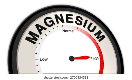 Magnesium Text or Word Level High displayed on a digital barometer or tachometer, symbolizing critical high concentration, severe hypermagnesemia risk, and unstable renal or cardiorespiratory function