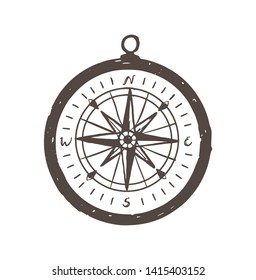 Magnetic compass hand drawn with black contour lines on white background. Tool for navigation and orientation, location finding, tourism and adventure travel. illustration in doodle style.