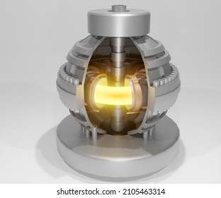 A Magnetic Confinement Reactor Type With A Model Of A Fusion Power Reactor In A Cross-section 3d Rendering