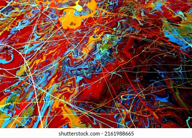 Magnificent Abstract Background With A Mixture Of Colors, Red, Blue And Orange Paint Drips Dominance, Fantastic Colored Universe, Colored Lines And Shapes, Deep Color Concept