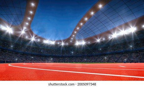 Magnificent Athletic Sport Stadium Full Of Fans And View Of Empty Running Track. Professional Digital 3d Illustration Of Sports.