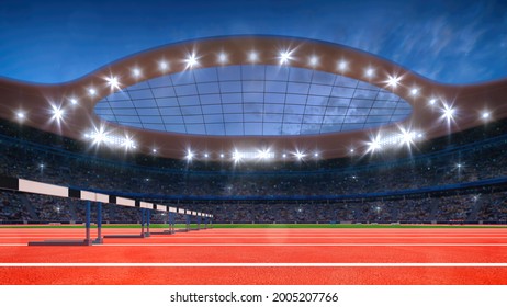 Magnificent Athletic Sport Stadium Full Of Fans And View Of Running Hurdles. Professional Digital 3d Illustration Of Sports.