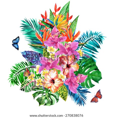 Magnificent bouquet of blossoming flowers,  tropical bunch of flowers hibiscus, orchids,  strelitzia. Watercolor illustration 