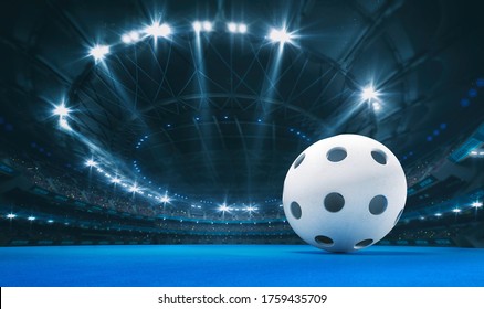 Magnificent floorball arena with a floorball ball on a blue artificial floor with spectators on the grandstand. Professional world sport 3D illustration background.
