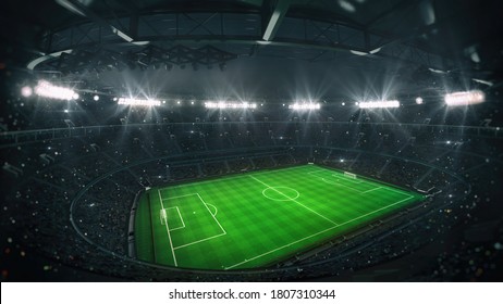 Magnificent football stadium full of spectators expecting an evening match on the grass field. Top tribune spectacular view. Sport category 3D illustration background.	
