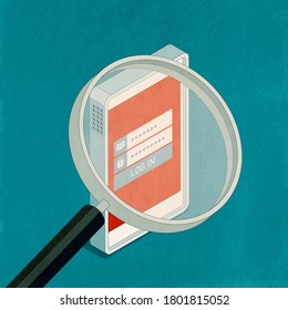 Magnifier checking the login security on the smartphone, 3D illustration