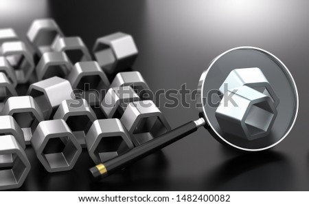 Magnifier with focus on two sample of a products. Sampling Inspection and Statistical Quality Control Concept. 3D illustration.