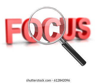 Magnifier Glass Focused on a Blurry Focus Red Text 3D Illustration on White
