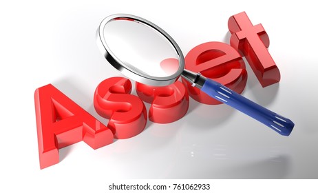 A magnifier is passing over the write Asset, written with red 3D letters  laying on a white surface - 3D rendering
