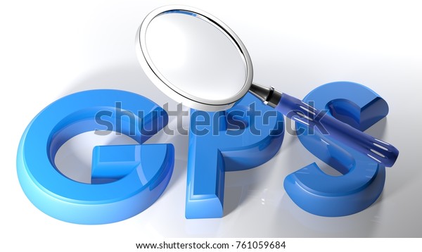 A magnifier is passing\
over the write GPS, written with blue 3D letters laying on a white\
surface