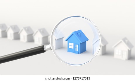 Magnifying Glass With Blue And White House. Hunting And Searching Concept. 3D Rendering