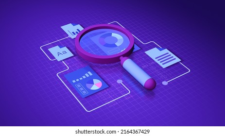 Magnifying Glass With Charts And Reports, Concept Of Data Search And Analyzing (3d Render)