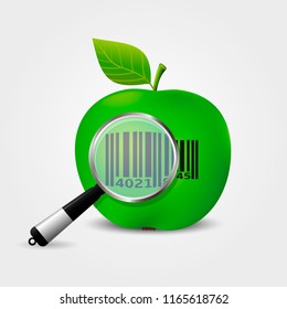Magnifying glass checking bar-code on green apple