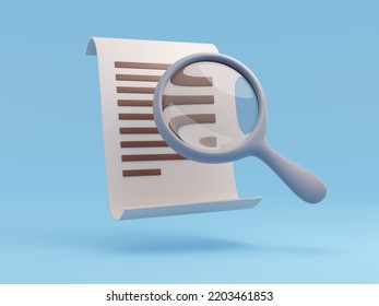 Magnifying Glass And Document. Cartoon Style 3D Illustration. 3D Render.