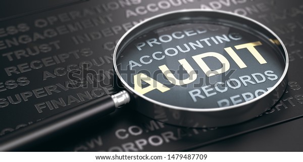 Magnifying glass with focus on the word\
audit written in golden letters and other accounting words over\
black background. 3D\
illustration.
