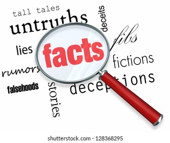 A magnifying glass hovering over several words like deceptions and lies, at the center of which is Facts