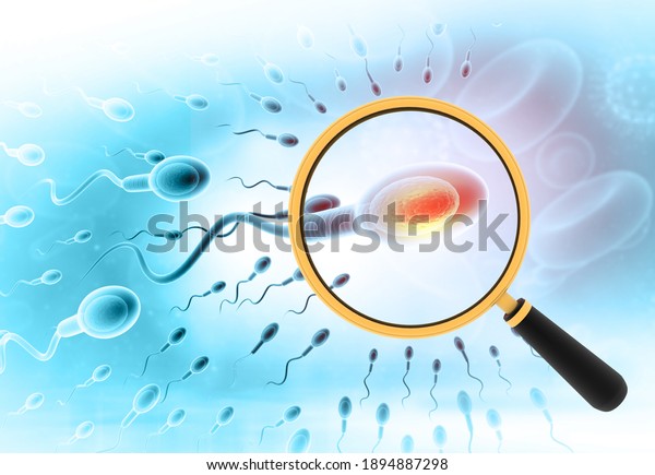 Magnifying\
glass with human sperm. 3d\
illustration	