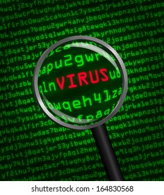 Magnifying glass locating a virus in computer machine code