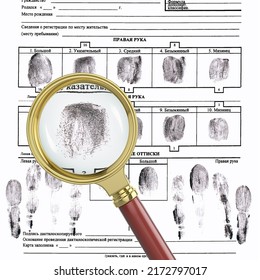 Magnifying Glass Magnifies The Image On A Fingerprint Card With Fake Fingerprints. The Form Is Written In Russian: Thumb, Index Finger, Middle Finger, Ring Finger, Little Finger. 3d Rendering.