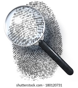 Magnifying glass over fingerprint made of 1/0 grid, 3d rendering isolated on white background