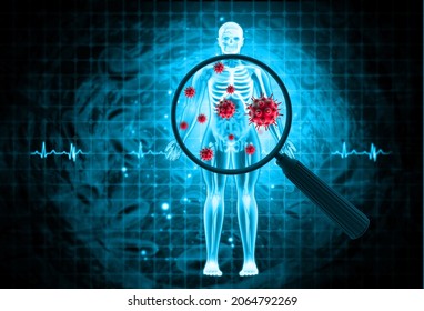 Magnifying Glass Showing Virus Cells Or Bacteria In The Human Body. 3d Illustration