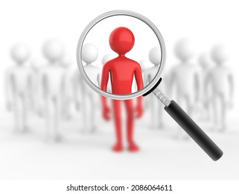 Magnifying Glass View Of Red Cartoon Man Stand In Front Of Grey Cartoon Men - 3D Illustration - Finding Unique Man Stand Out