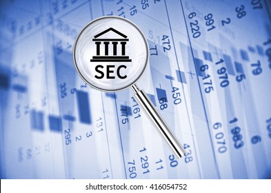 Magnifying Lens Over Background With Building Icon And Text SEC, With The Financial Data Visible In The Background. 3D Rendering.