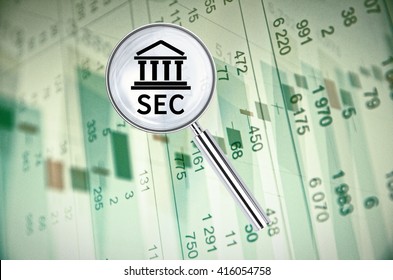 Magnifying Lens Over Background With Building Icon And Text SEC, With The Financial Data Visible In The Background. 3D Rendering.