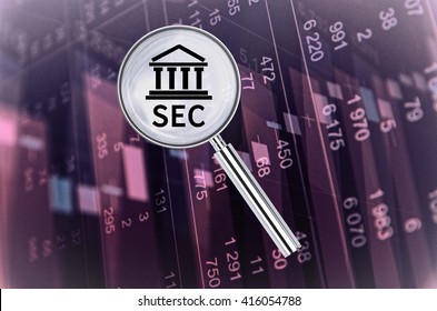 Magnifying Lens Over Background With Building Icon And Text SEC, With The Financial Data Visible In The Background. 3D Rendering.