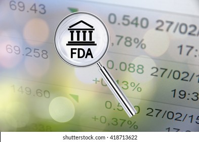 Magnifying Lens Over Background With Building Icon And Text FDA, With The Blurred Lights Visible In The Background. 3D Rendering.