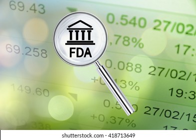 Magnifying Lens Over Background With Building Icon And Text FDA, With The Blurred Lights Visible In The Background. 3D Rendering.