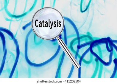 Magnifying Lens Over Background With Text Catalysis, With The Long Exposure Lights Visible In The Background. 3D Rendering.