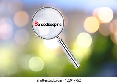 Magnifying lens over background with text Benzodiazepine, with the blurred lights visible in the background. 3D rendering.