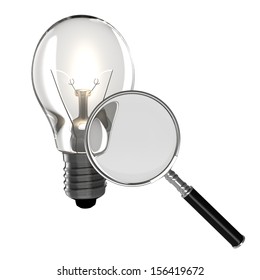 Magnifying and light bulb. Isolate on white background. Idea search concept