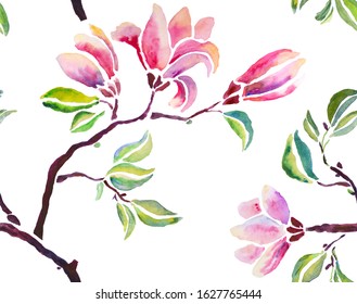 Magnolia branch seamless pattern. Hand drawn watercolor illustration. Beautiful bright pink flowers and green leaves. Print for fabric, wrapping paper, wallpaper design.