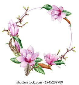 Magnolia Flower Round Frame. Tender Pink Magnolia Flower Decoration. Watercolor Illustration. Elegant Wreath Of Spring Lush Blossoms, Green Leaf. Round Invitation, Greeting Frame. White Background