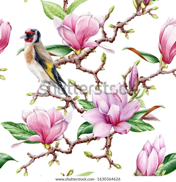 2 x Vinyl Stickers 10cm Watercolor Goldfinch Magnolia Flowers Cool Gift #16293 