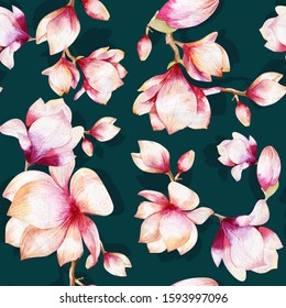 Magnolia Flower Seamless Pattern Green Background Stock Illustration ...