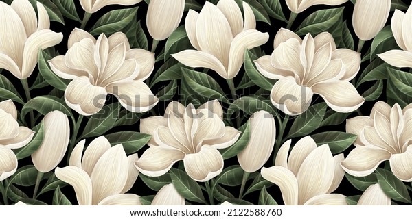 Magnolia flowers, floral background, tropical\
seamless pattern, luxury wallpaper. Green leaves. Dark vintage\
hand-painted watercolor 3d illustration. Printable modern art,\
stylish hd mural,\
tapestry