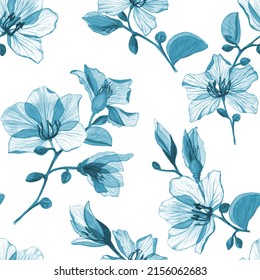 Magnolia flowers seamless pattern Transparent watercolor floral illustration Translucent Orchid tree branches isolated on white Monochrome blue flowers background