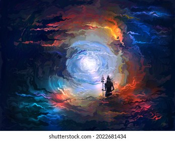 Mahadev es el gran dios de la destrucción y la creación. Espectacular cielo con nubes brillantes y luna llena. Lord Shiva apoya el tridente de Trishula y crea la Paz. Hinduismo. Shaivismo. Ohm.