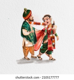 Maharashtrian Couple Illustration Wedding Invitation 