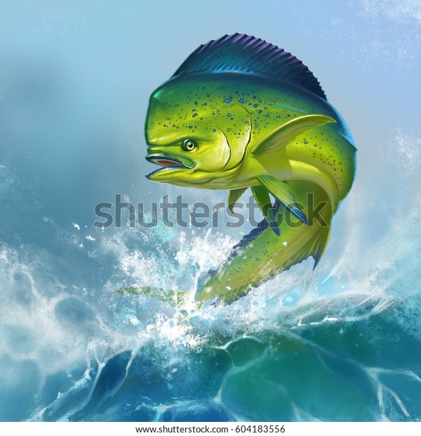 Mahi mahi or dolphin fish on background. Big\
fish on the background of large\
waves.